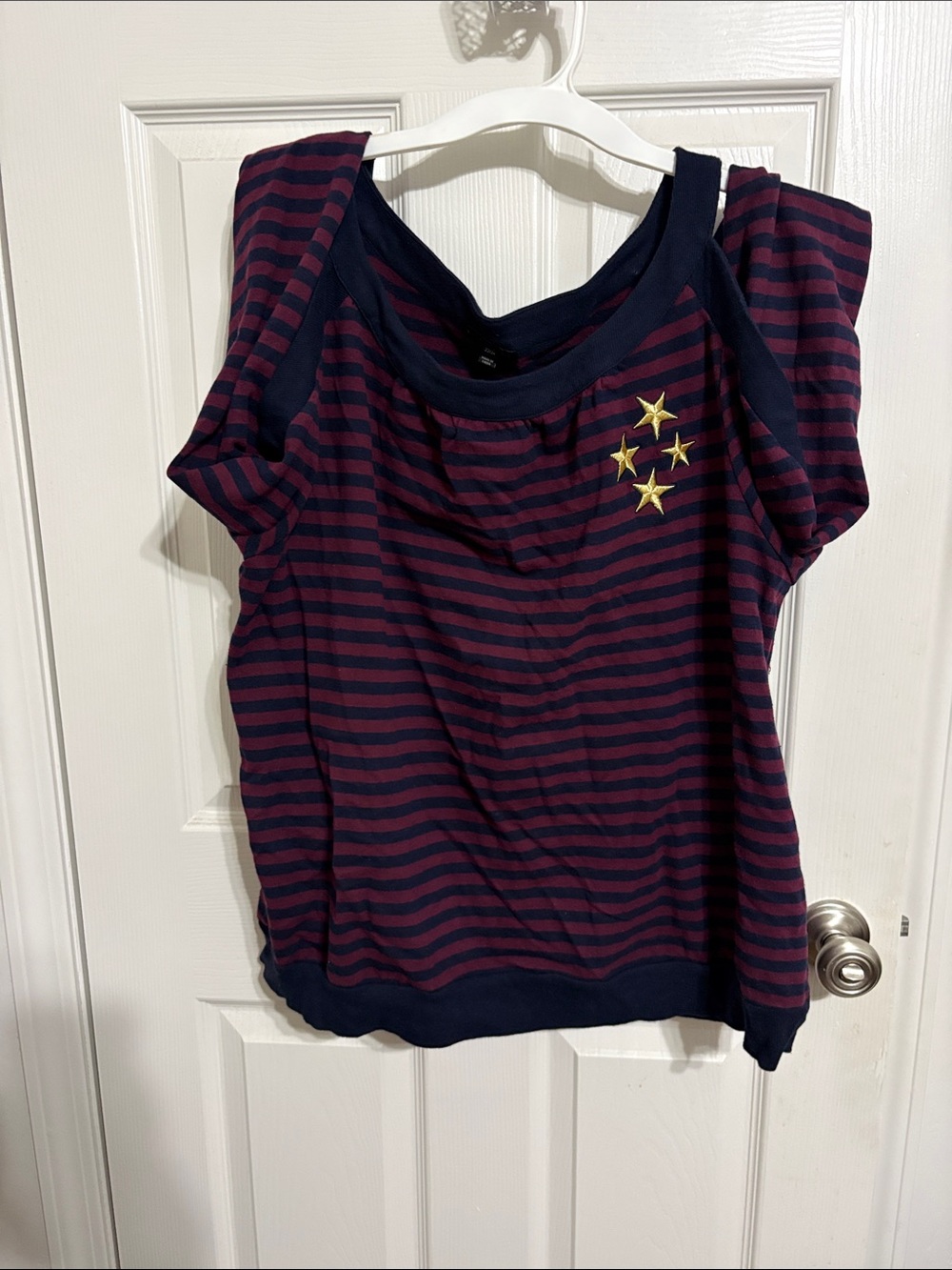 Lane Bryant Navy and Burgundy Striped Short Sleeve Top with Gold Star Detail
